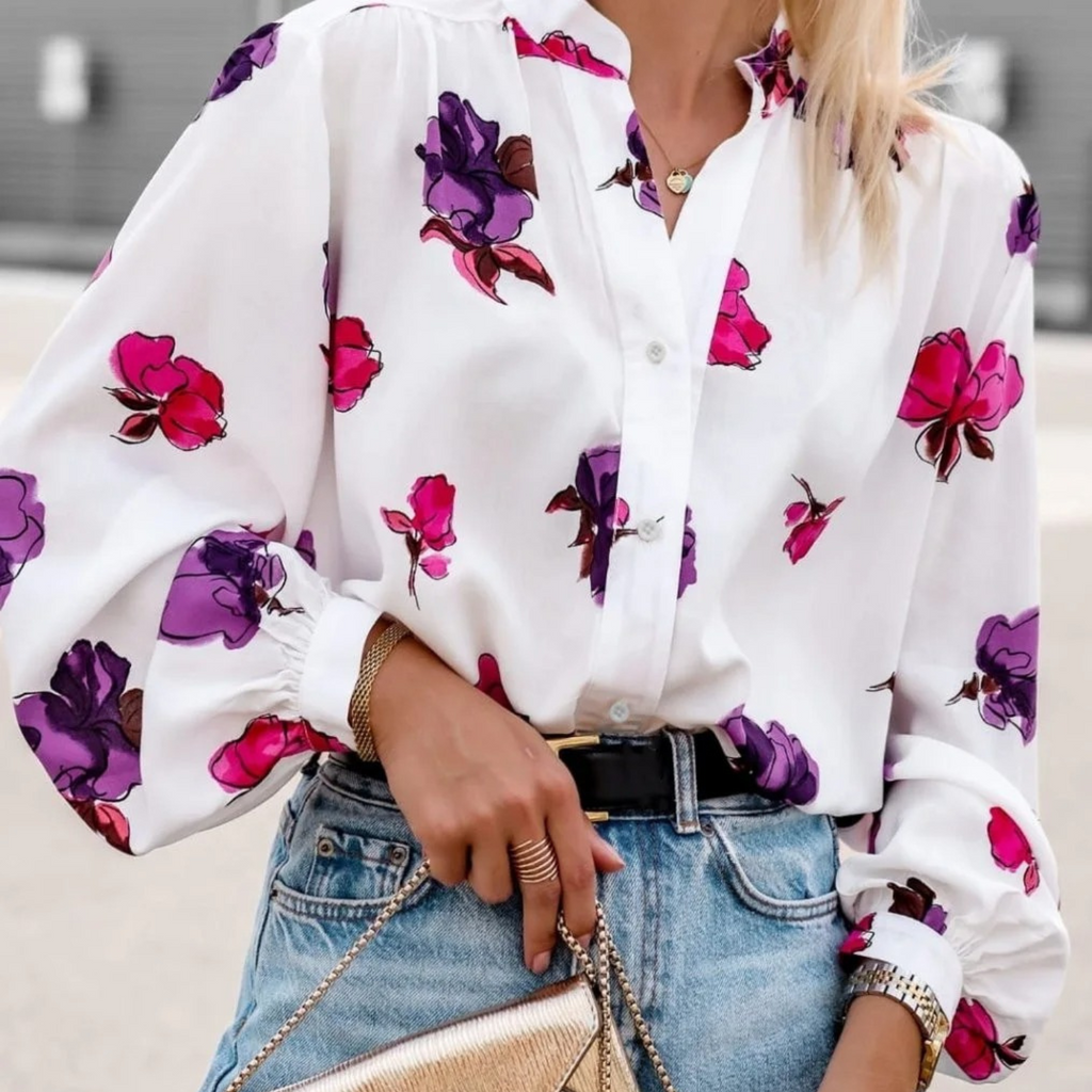 Women's Floral Print Collared Blouse – Shawl Collar Casual Blouse