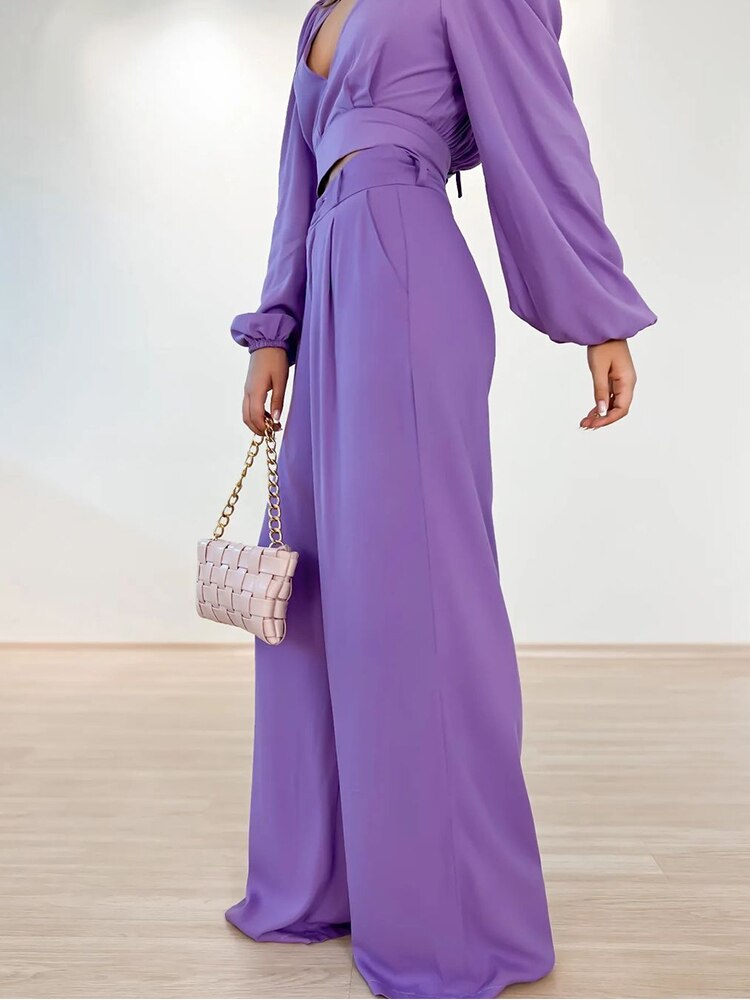 Women's Ribbed Lounge Set – V-Neck Knit Wide Leg Set