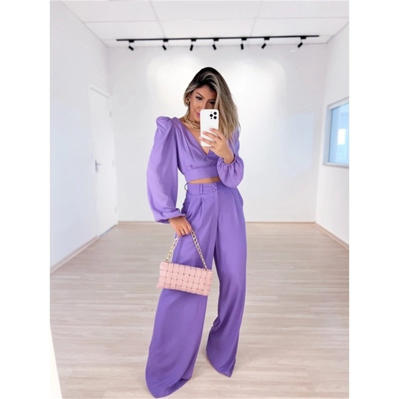 Women's Ribbed Lounge Set – V-Neck Knit Wide Leg Set