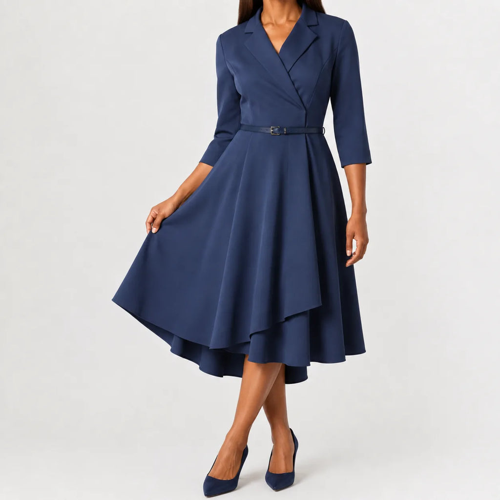 Women's Three Quarter Sleeve A-Line Dress – V-Neck Belted Casual Dress