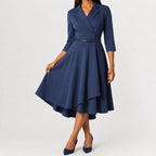 Women's Three Quarter Sleeve A-Line Dress – V-Neck Belted Casual Dress