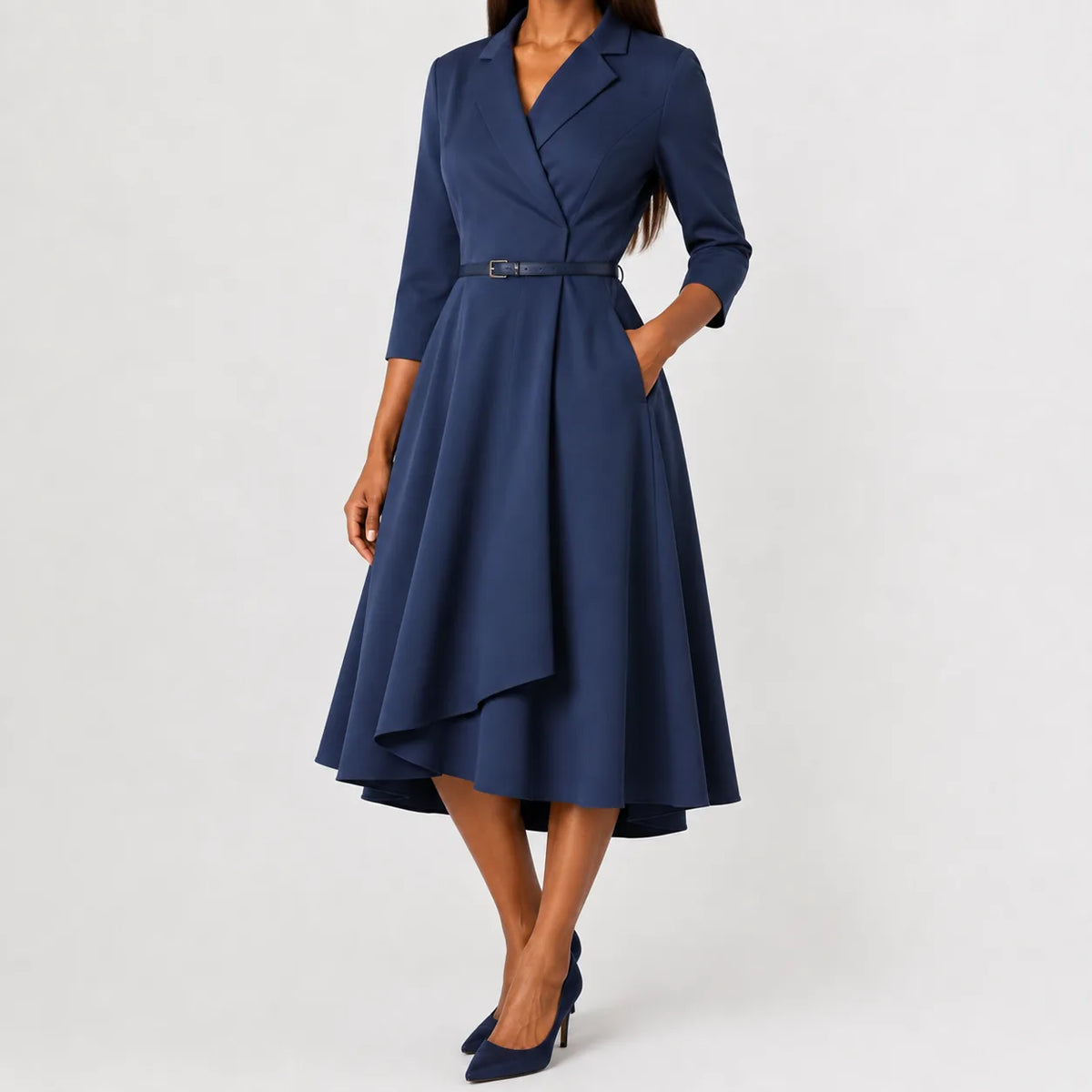Women's Three Quarter Sleeve A-Line Dress – V-Neck Belted Casual Dress