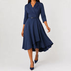 Women's Three Quarter Sleeve A-Line Dress – V-Neck Belted Casual Dress