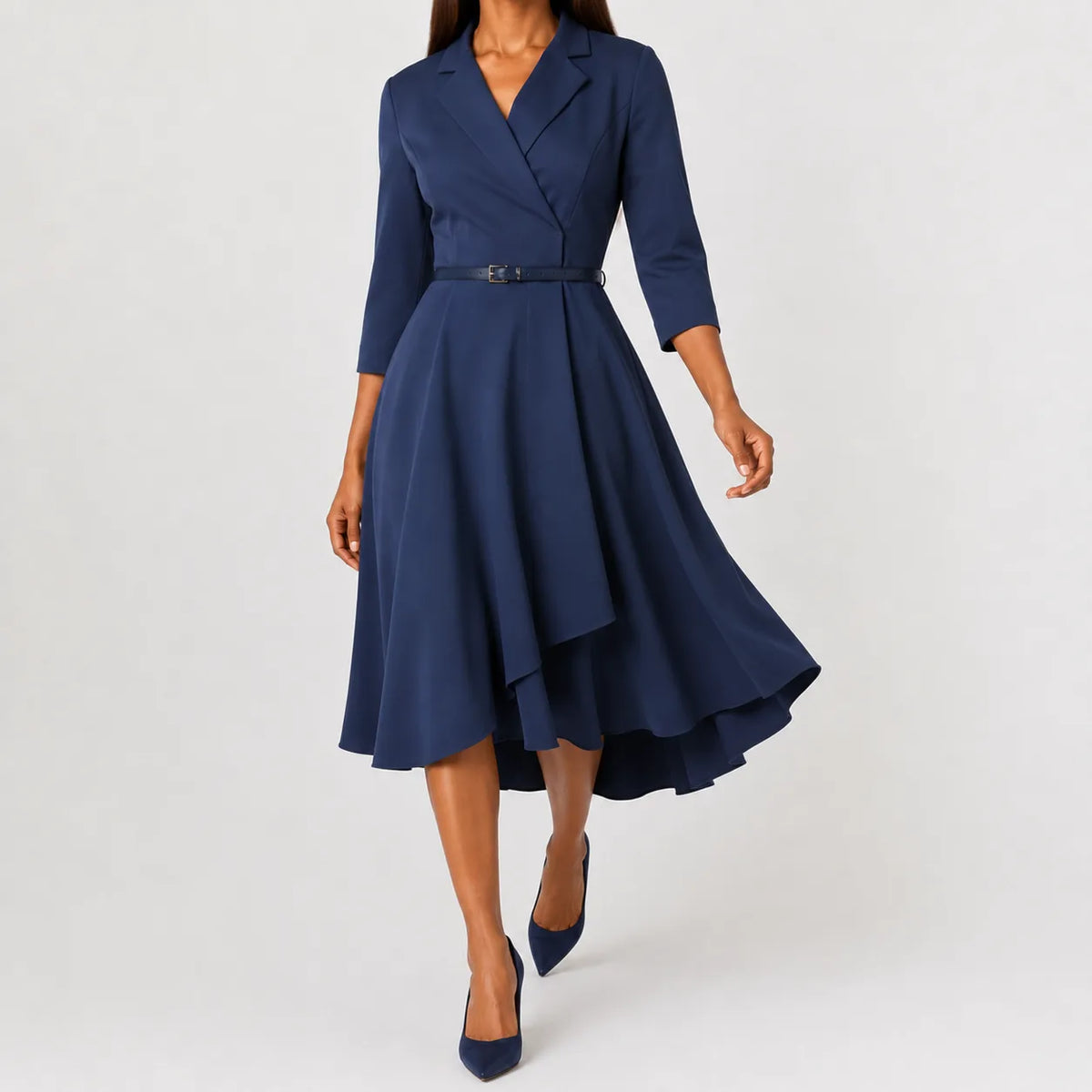 Women's Three Quarter Sleeve A-Line Dress – V-Neck Belted Casual Dress