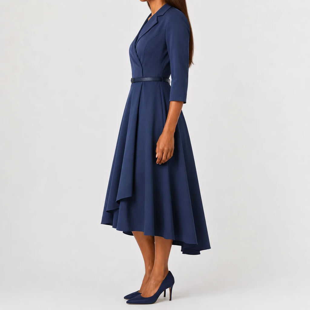 Women's Three Quarter Sleeve A-Line Dress – V-Neck Belted Casual Dress