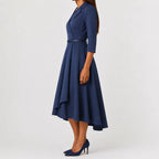 Women's Three Quarter Sleeve A-Line Dress – V-Neck Belted Casual Dress