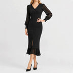 Women's V-Neck Black Ruffle Dress – Long Sleeve Casual Dress