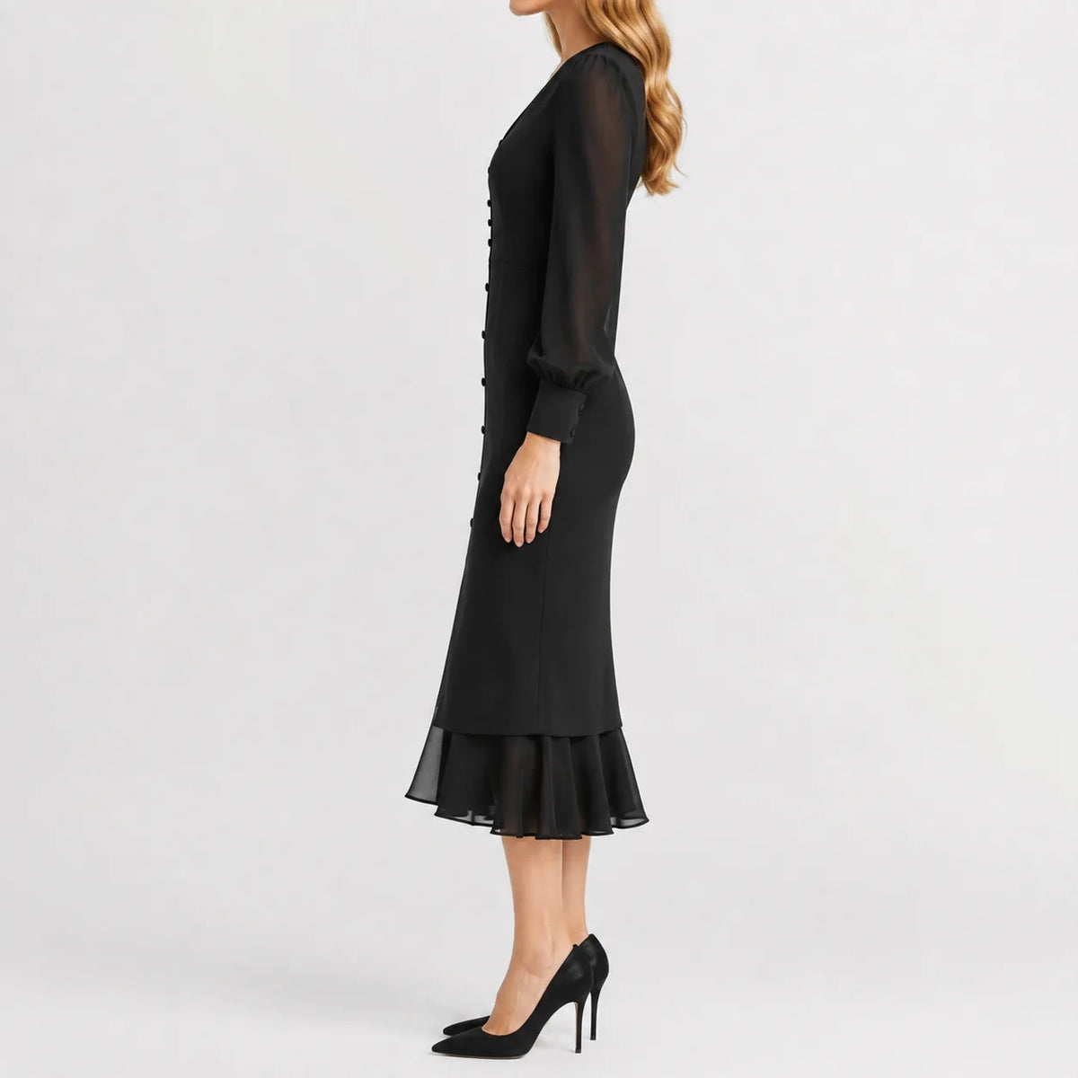 Women's V-Neck Black Ruffle Dress – Long Sleeve Casual Dress