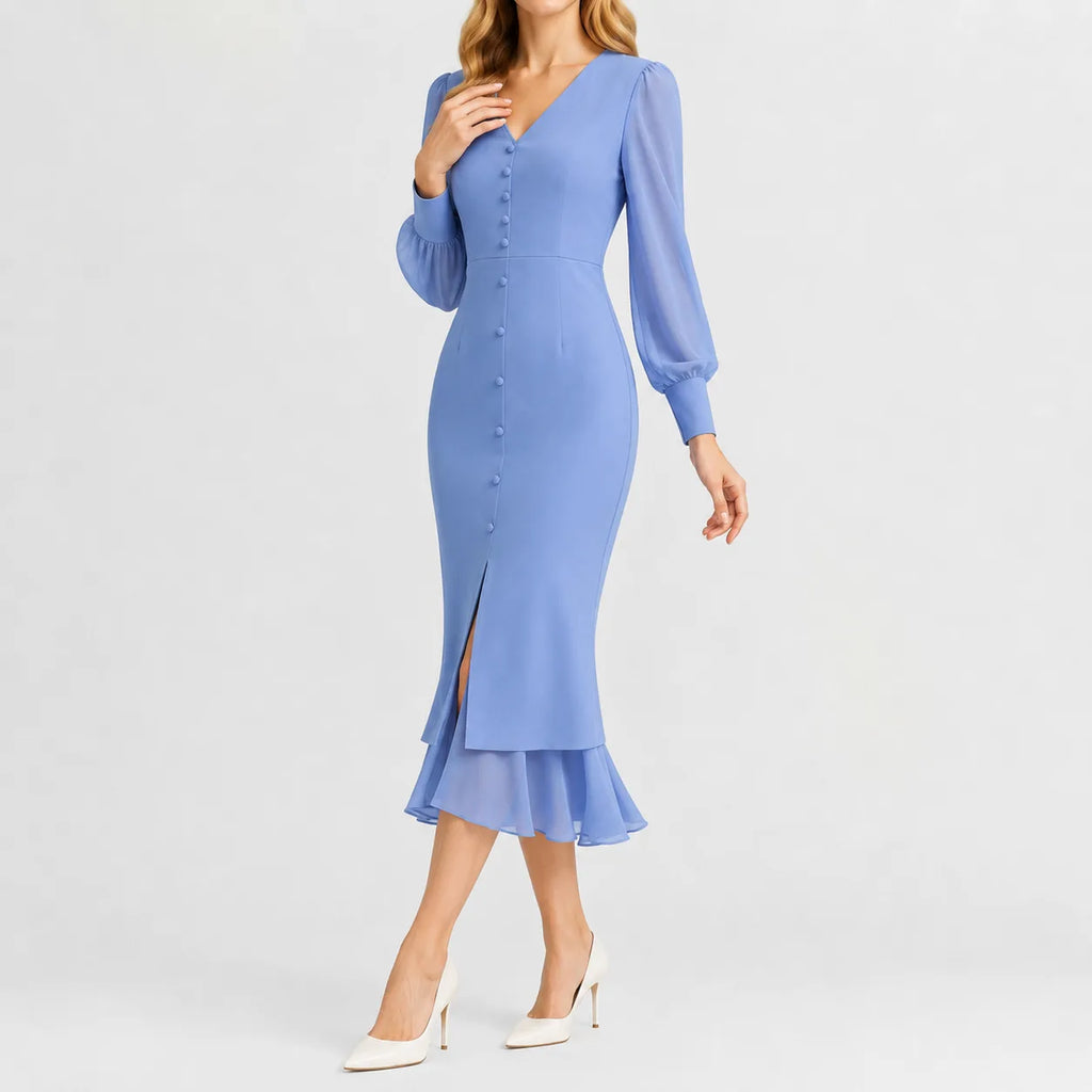 Women's V-Neck Black Ruffle Dress – Long Sleeve Casual Dress