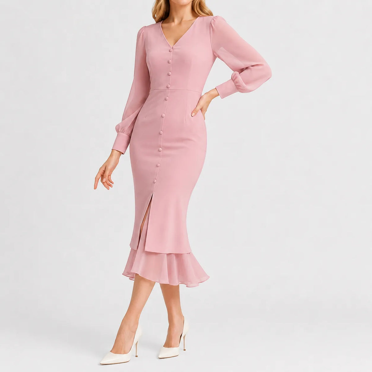 Women's V-Neck Black Ruffle Dress – Long Sleeve Casual Dress