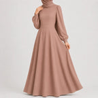 Women's High Waist Long Sleeve Maxi Dress – Mock Neck Flowy Dress