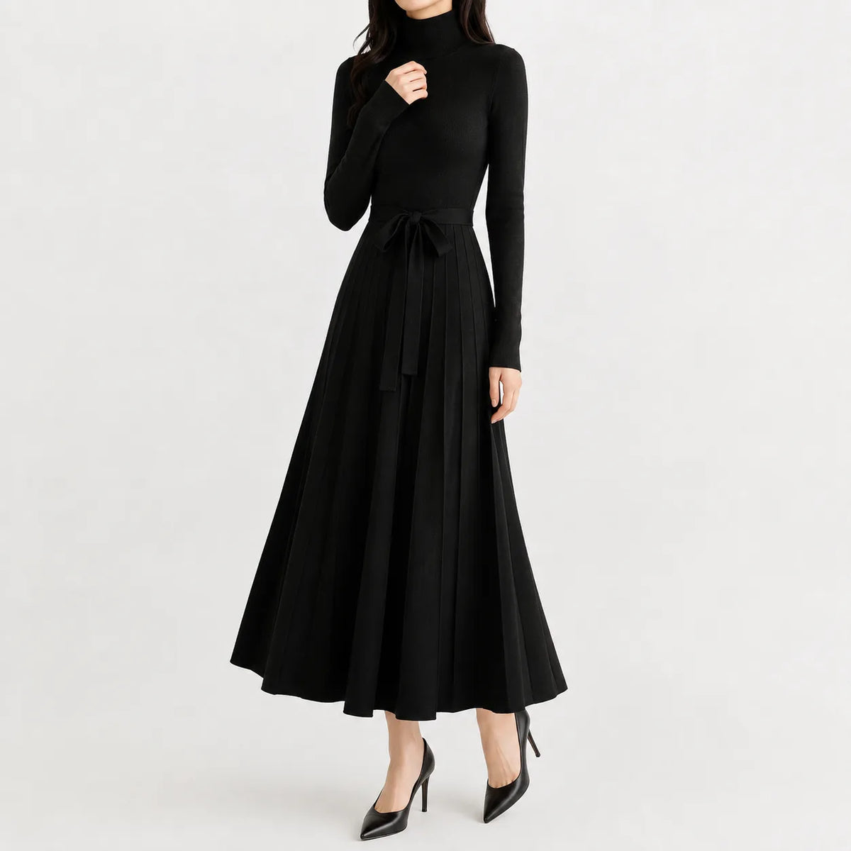 Women's Long Sleeve Turtleneck Knit Dress – Belted Flared Sweater Dress