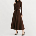 Women's Long Sleeve Turtleneck Knit Dress – Belted Flared Sweater Dress
