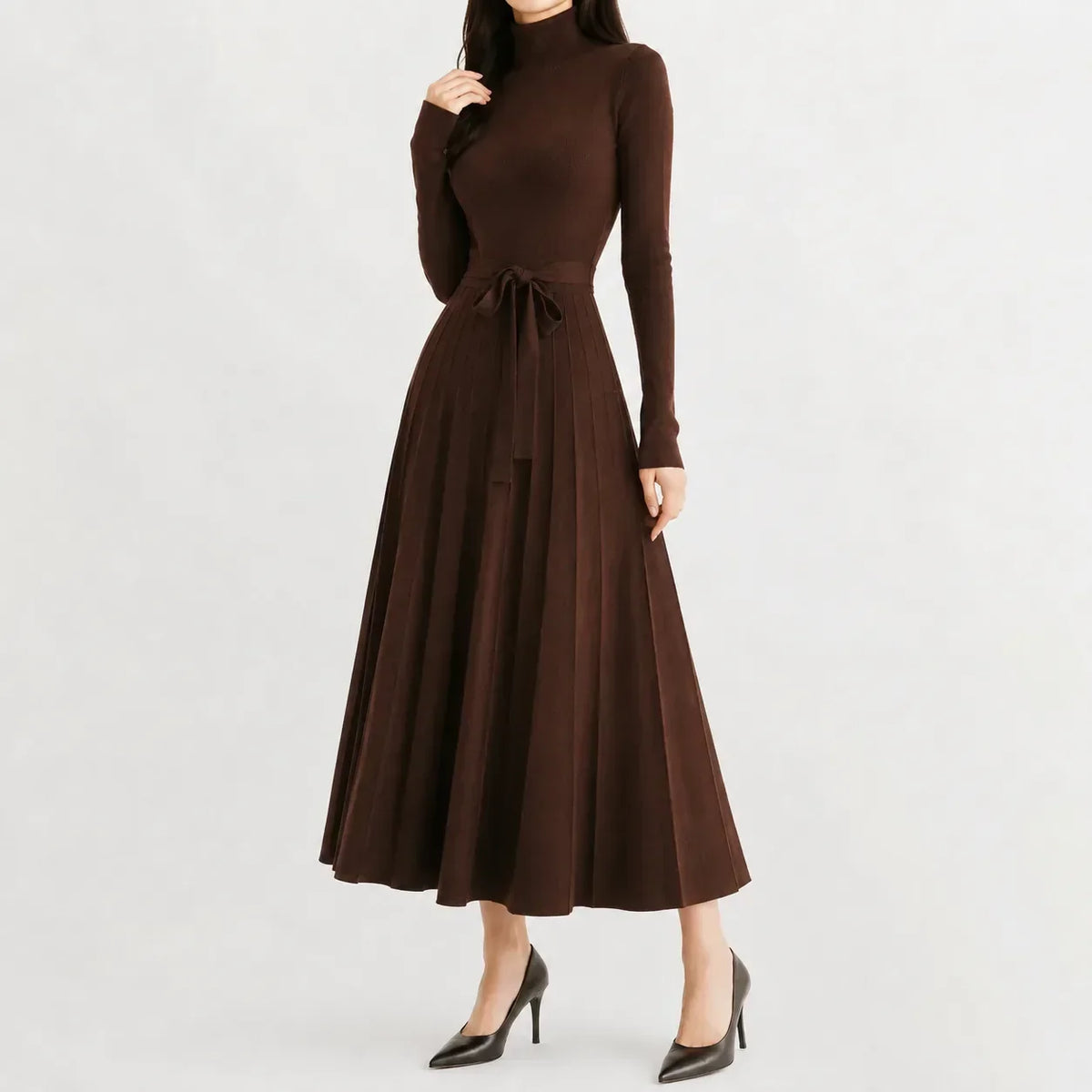Women's Long Sleeve Turtleneck Knit Dress – Belted Flared Sweater Dress