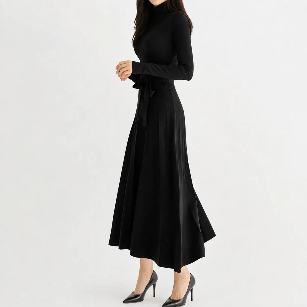 Women's Long Sleeve Turtleneck Knit Dress – Belted Flared Sweater Dress