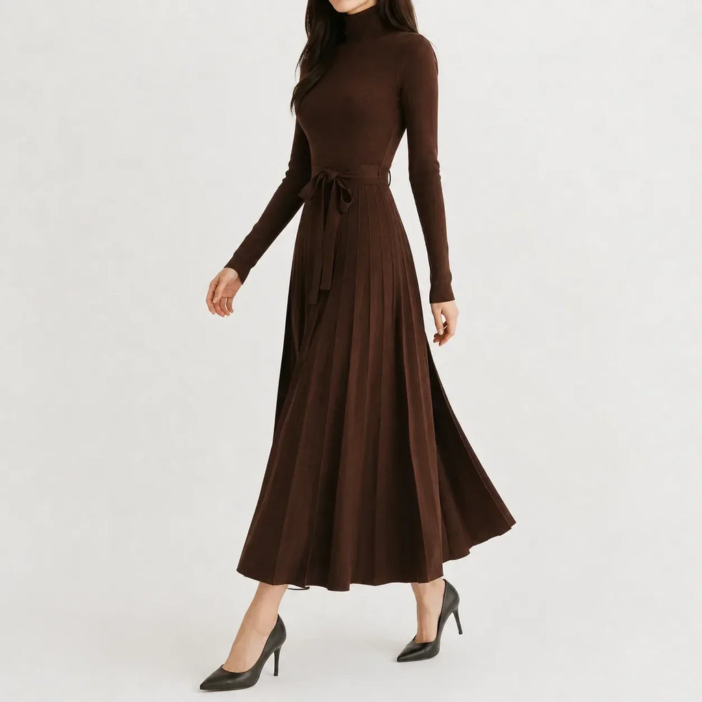 Women's Long Sleeve Turtleneck Knit Dress – Belted Flared Sweater Dress