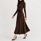 Women's Long Sleeve Turtleneck Knit Dress – Belted Flared Sweater Dress