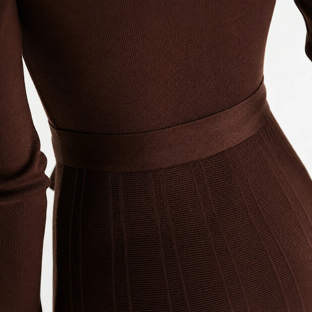 Women's Long Sleeve Turtleneck Knit Dress – Belted Flared Sweater Dress