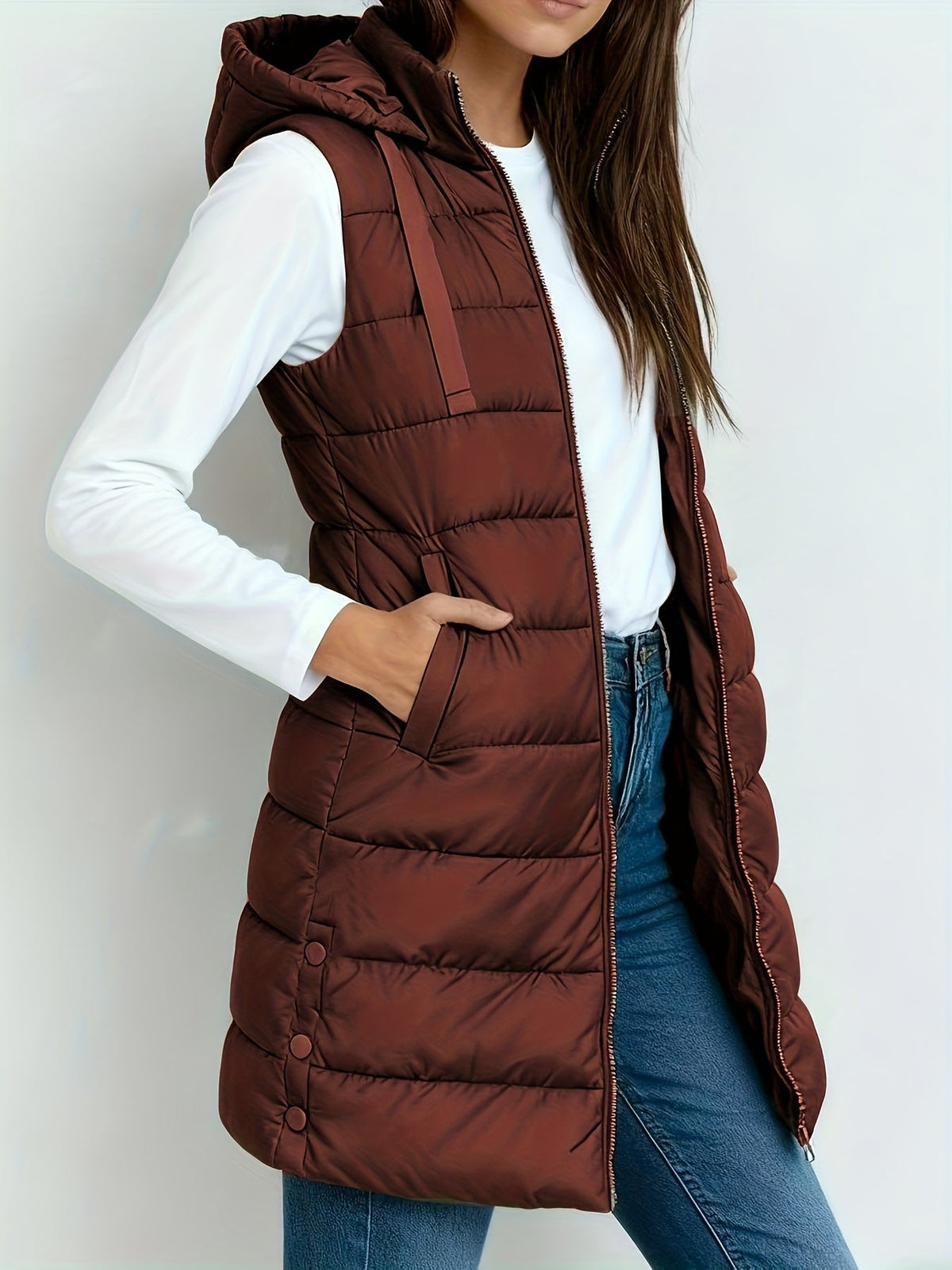 Women's Long Puffer Vest – Sleeveless Quilted Winter Gilet