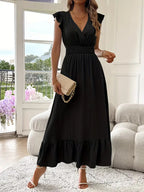 Women's V-Neck Tiered Evening Maxi Dress – Short Sleeve Smocked Waist Dress
