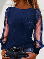 Women's Glitter Mesh Sleeve Blouse – Sheer Sleeve Sparkly Party Blouse