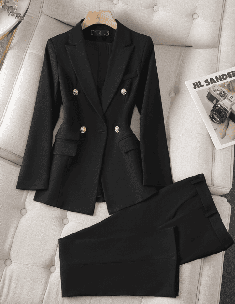 Women's Double-Breasted Blazer Suit – Tailored Wide Leg Pants Set