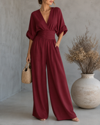 Women's V-Neck Wrap Wide Leg Jumpsuit – Cinched Waist Evening Occasion Jumpsuit