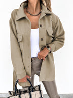 Women's Folded Collar Coat – Mid-Length Button Front Winter Overcoat