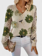 Women's V-Neck Floral Cardigan – Button Front Patterned Knit Cardigan