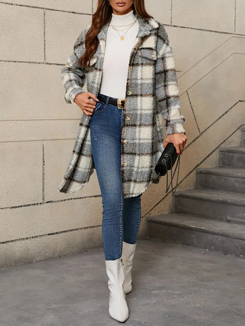Women's Checked Teddy Coat – Oversized Fleece Winter Overcoat