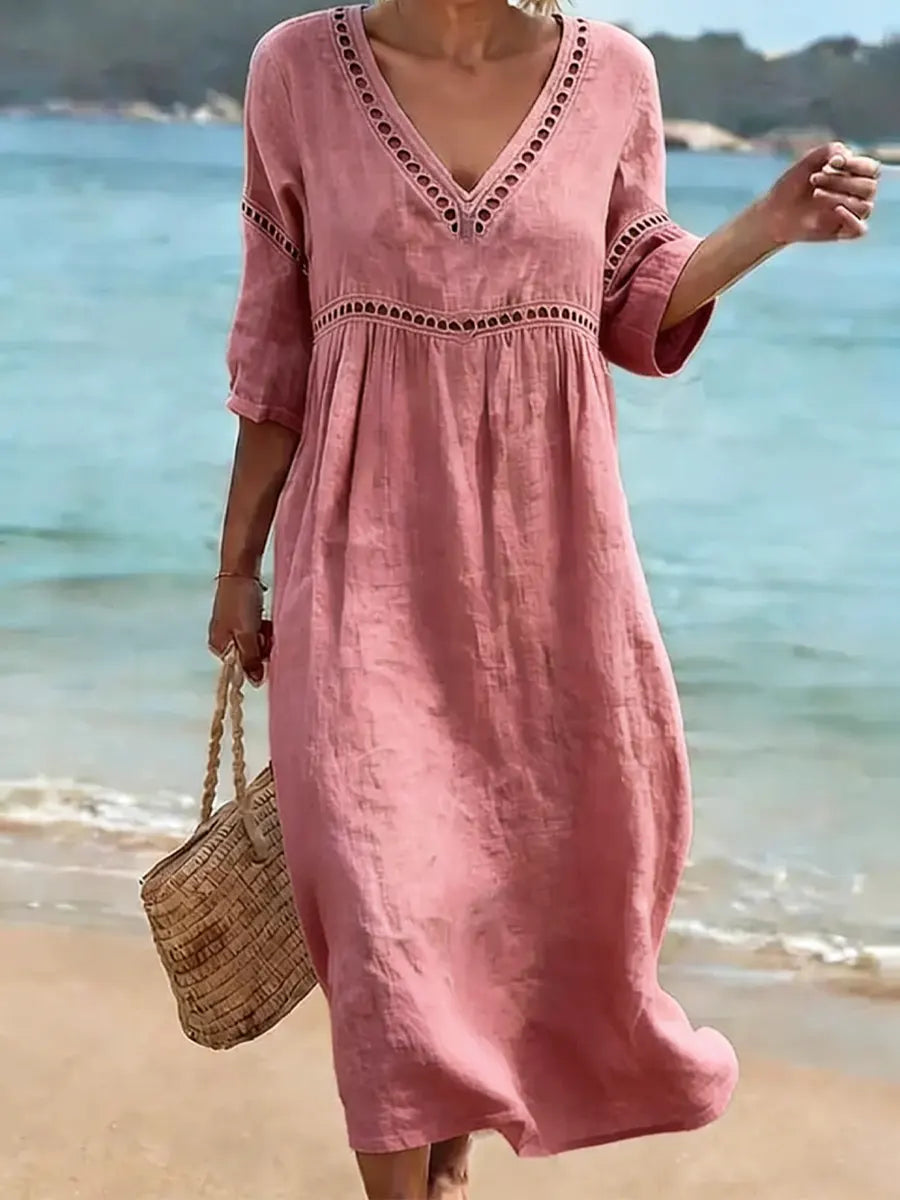 Women's V-Neck Pocket Summer Dress – Short Sleeve Midi Dress