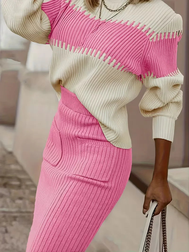 Women's Ribbed Knit Skirt Set – High Neck Sweater Co-Ord