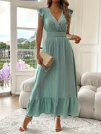 Women's V-Neck Tiered Evening Maxi Dress – Short Sleeve Smocked Waist Dress