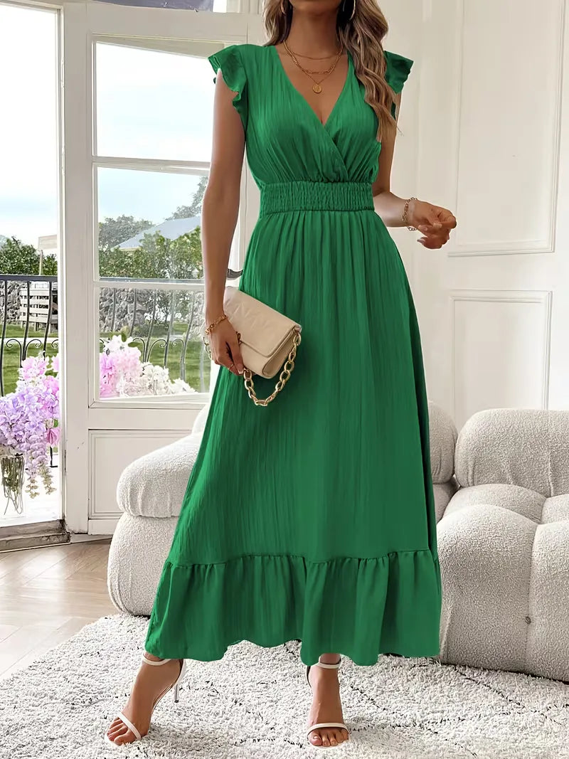 Women's V-Neck Tiered Evening Maxi Dress – Short Sleeve Smocked Waist Dress