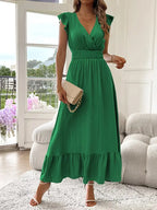Women's V-Neck Tiered Evening Maxi Dress – Short Sleeve Smocked Waist Dress