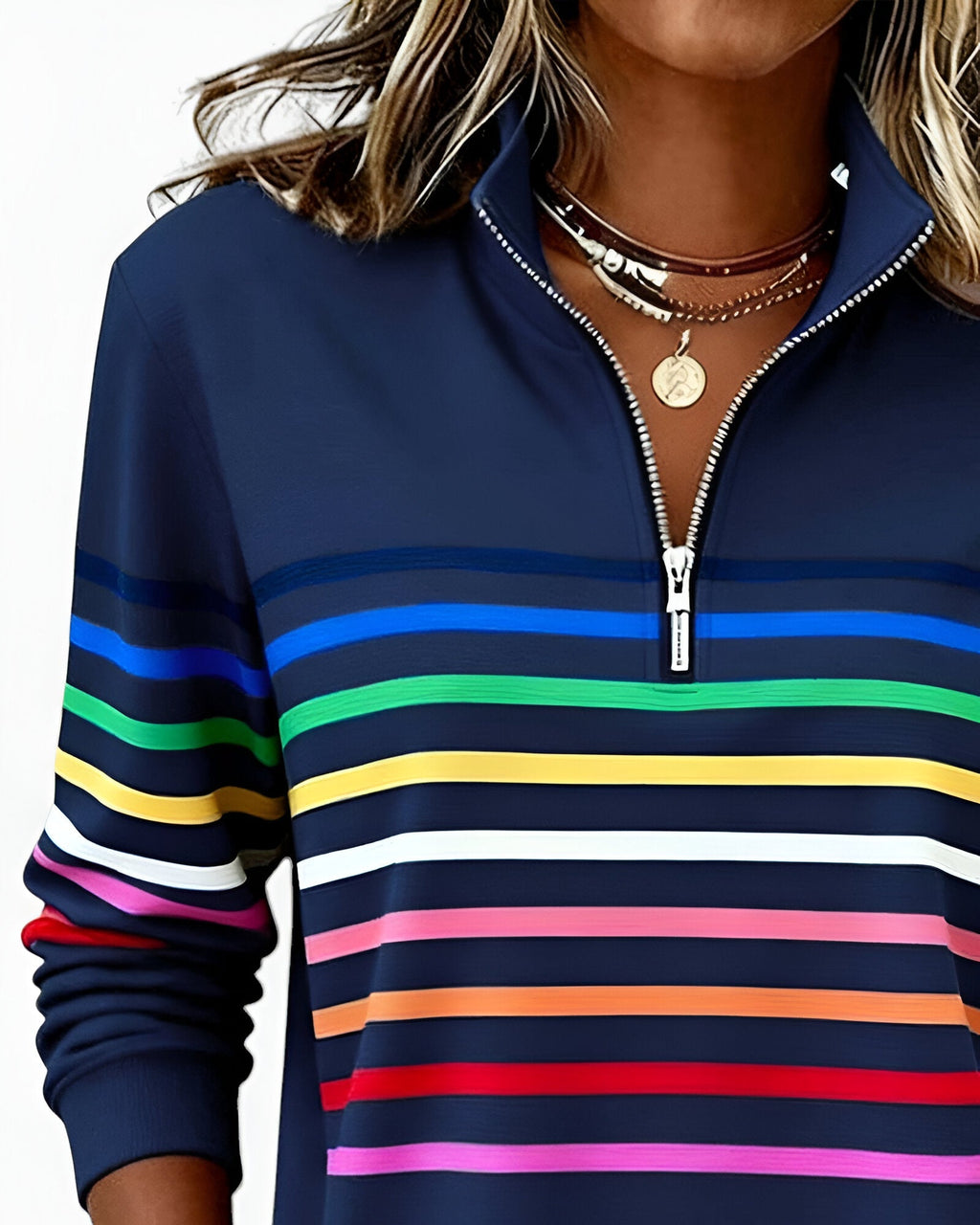 Women's High Neck Zip Sweater – Striped Zip Front Pullover
