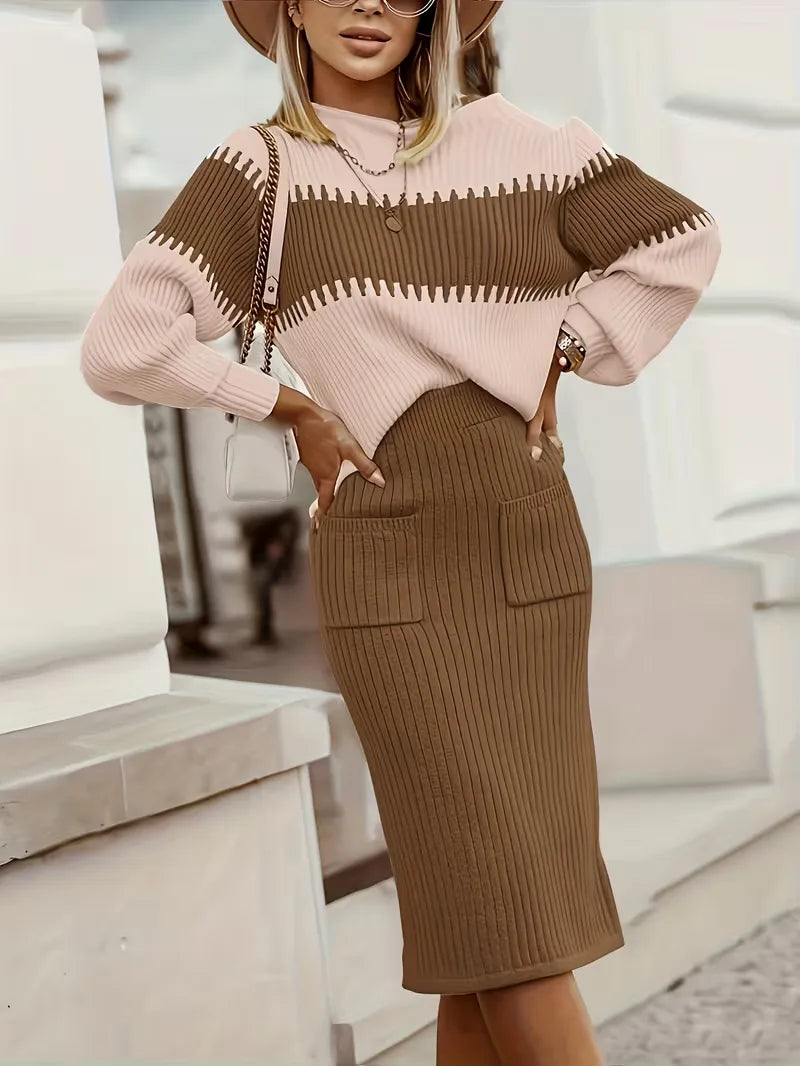 Women's Ribbed Knit Skirt Set – High Neck Sweater Co-Ord
