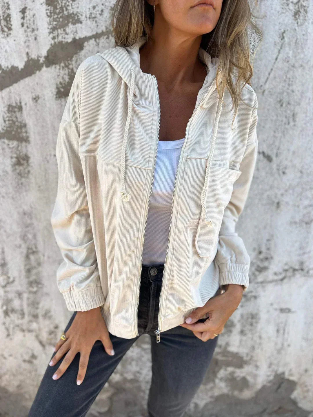 Women's Ribbed Hoodie Jacket – Zip Front Casual Jacket
