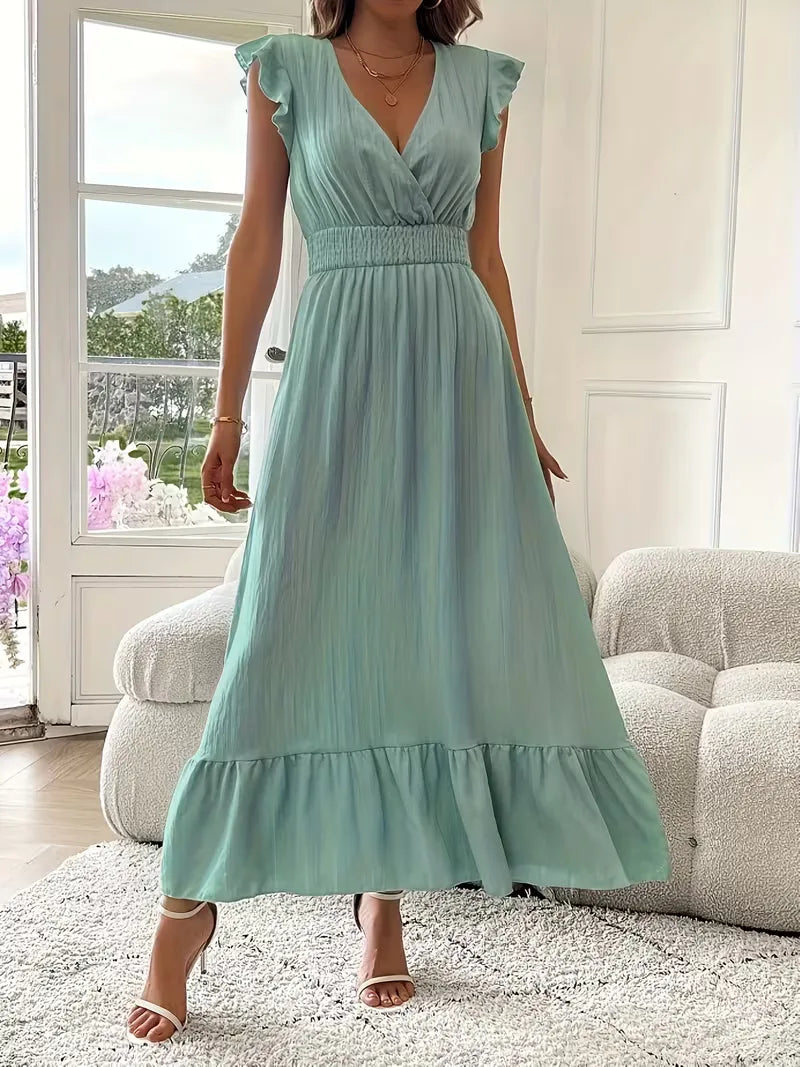 Women's V-Neck Tiered Evening Maxi Dress – Short Sleeve Smocked Waist Dress