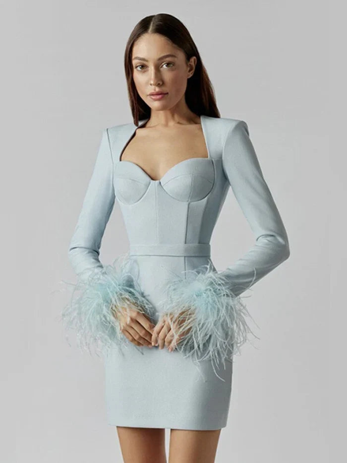 Women's Feather Trim Evening Dress – Long Sleeve Statement Party Dress