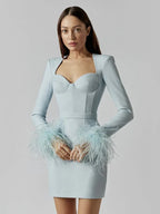 Women's Feather Trim Evening Dress – Long Sleeve Statement Party Dress
