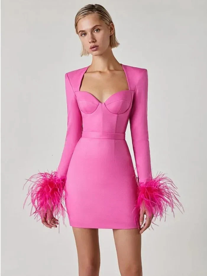 Women's Feather Trim Evening Dress – Long Sleeve Statement Party Dress