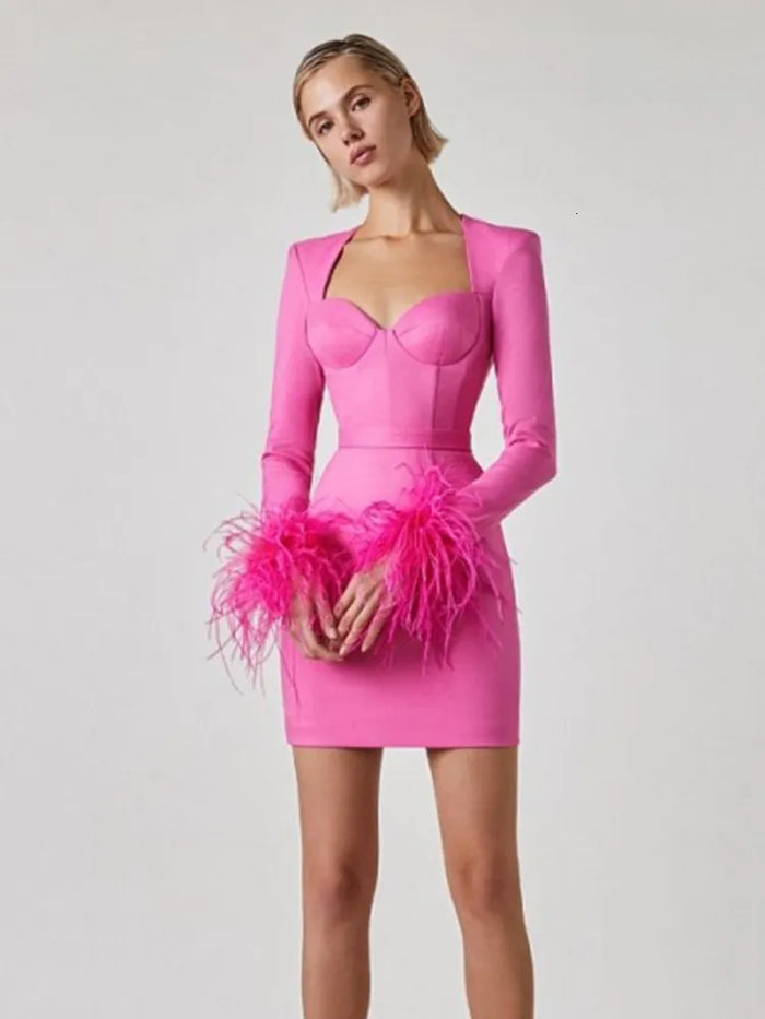 Women's Feather Trim Evening Dress – Long Sleeve Statement Party Dress
