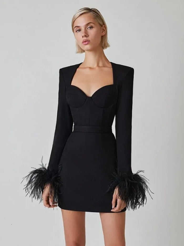 Women's Feather Trim Evening Dress – Long Sleeve Statement Party Dress