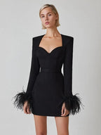 Women's Feather Trim Evening Dress – Long Sleeve Statement Party Dress
