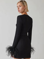 Women's Feather Trim Evening Dress – Long Sleeve Statement Party Dress