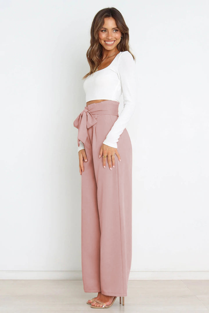 Women's Bow Tie Paperbag Waist Pants – High Rise Wide Leg Trousers