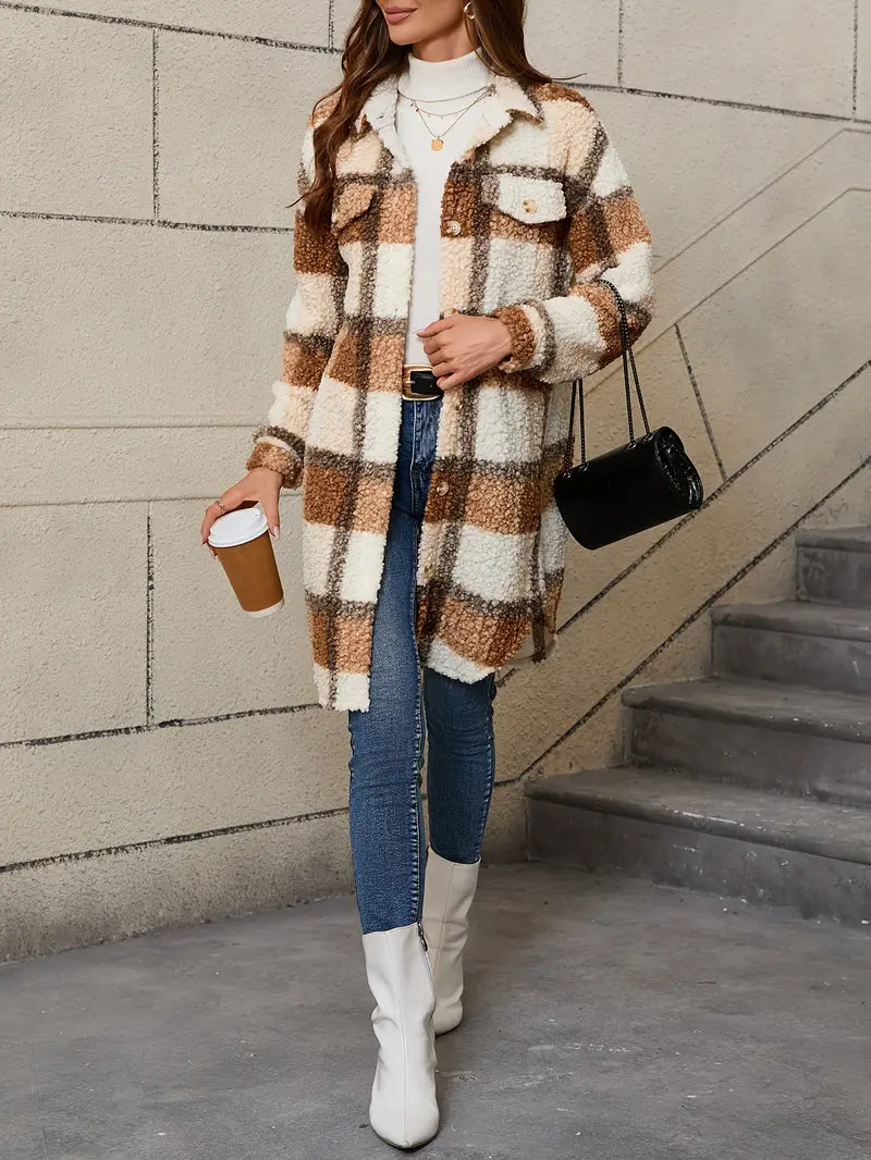 Women's Checked Teddy Coat – Oversized Fleece Winter Overcoat