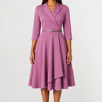 Women's Three Quarter Sleeve A-Line Dress – V-Neck Belted Casual Dress