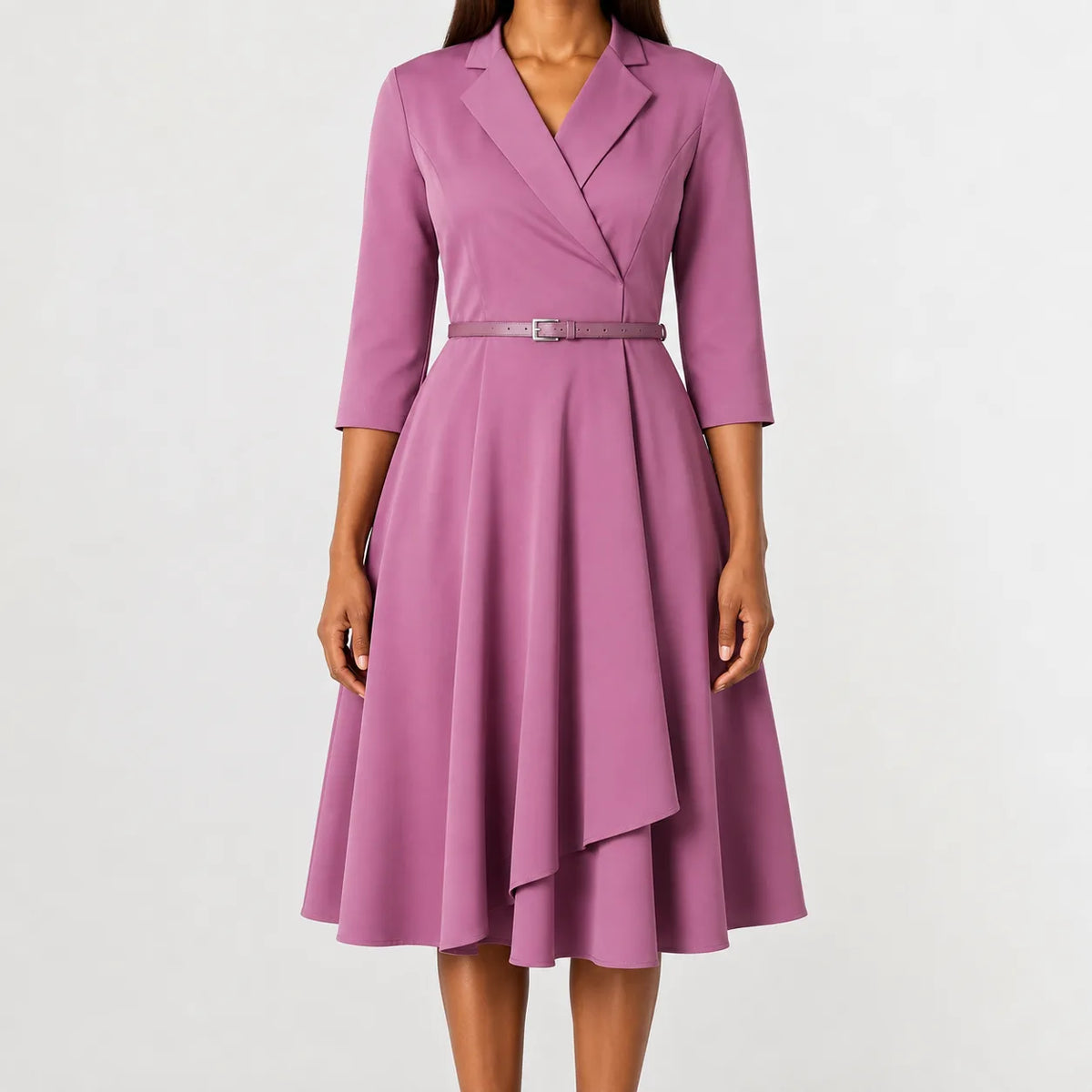 Women's Three Quarter Sleeve A-Line Dress – V-Neck Belted Casual Dress